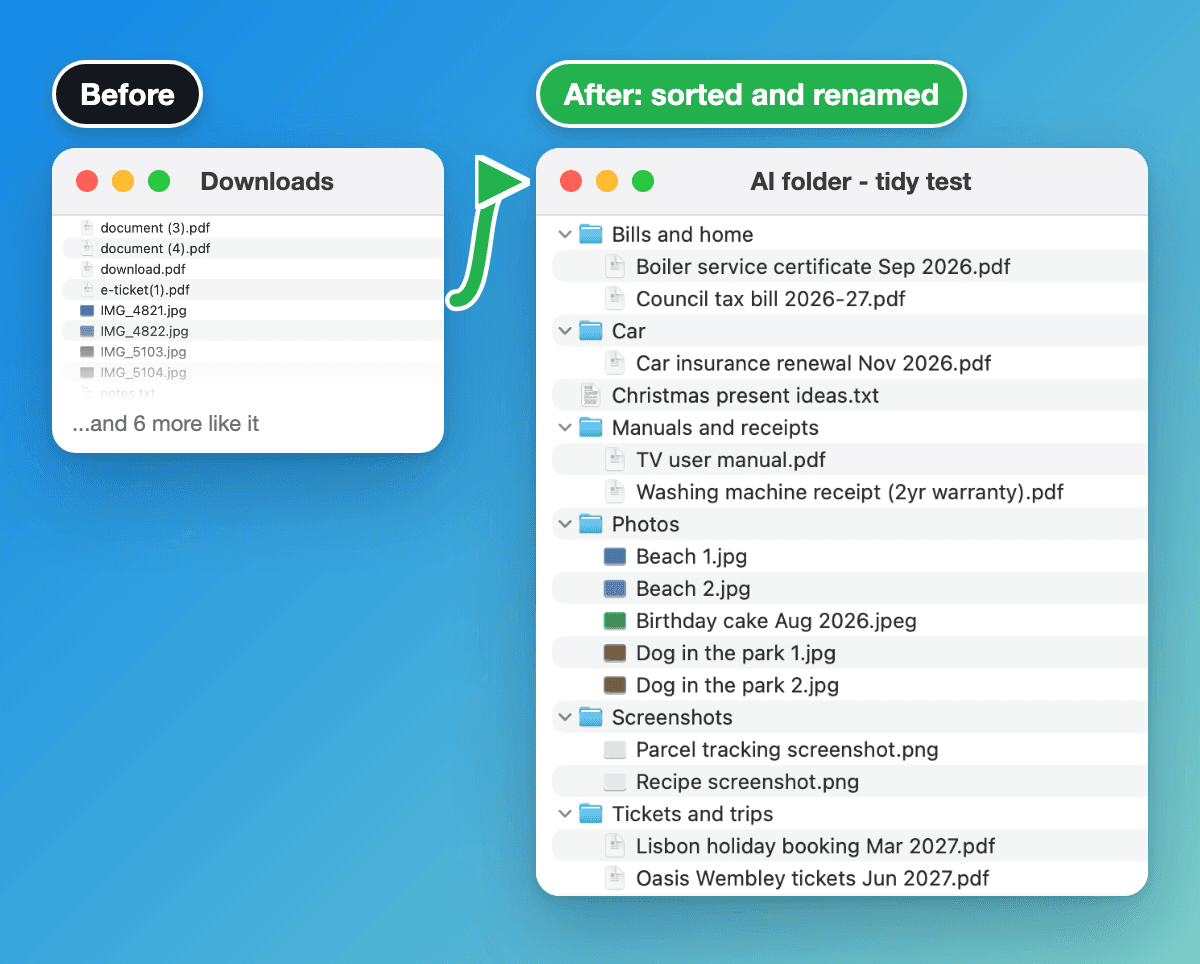 Agentic AI example: a messy downloads folder sorted into folders and renamed by Claude Code