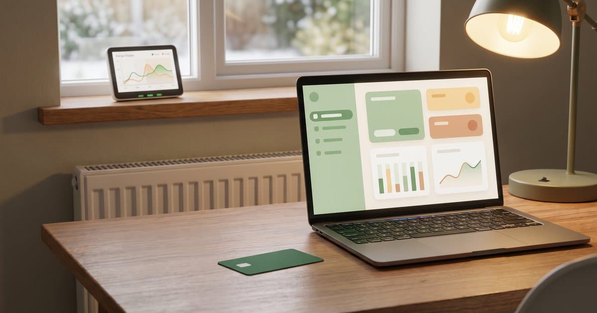 A home office in winter with an energy usage display