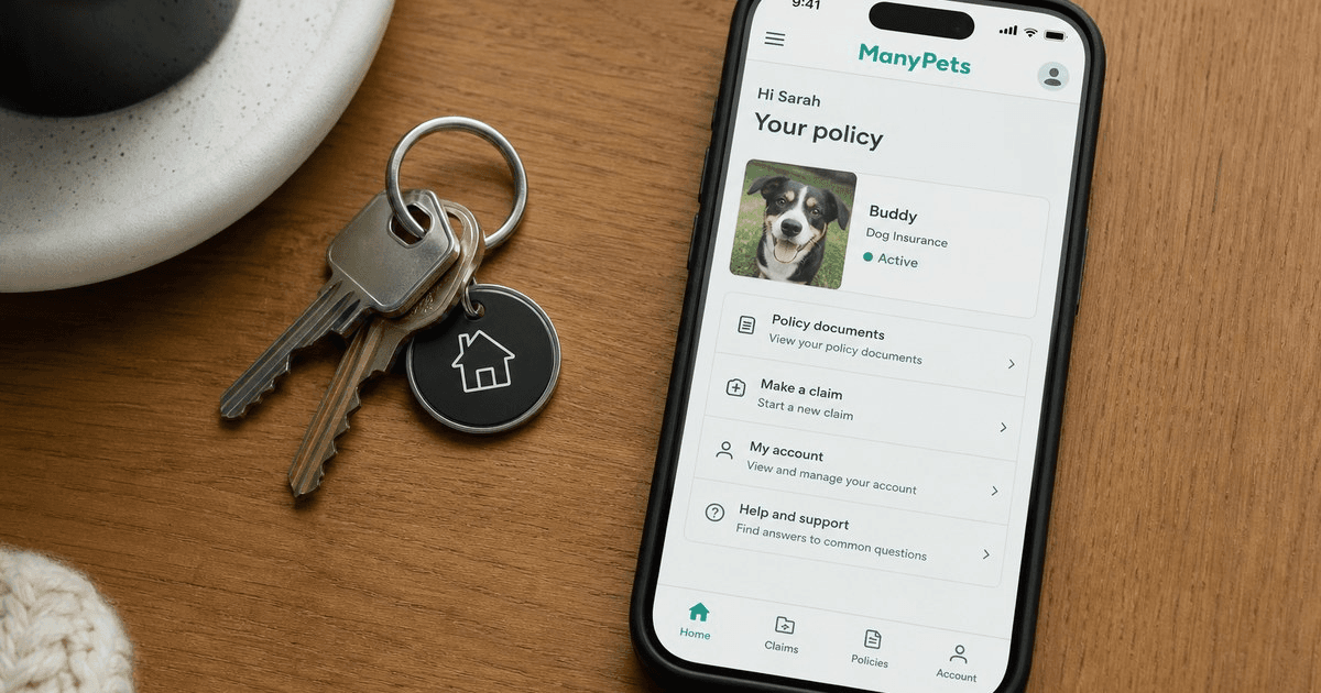 ManyPets app on a phone next to a cat, UK pet insurance