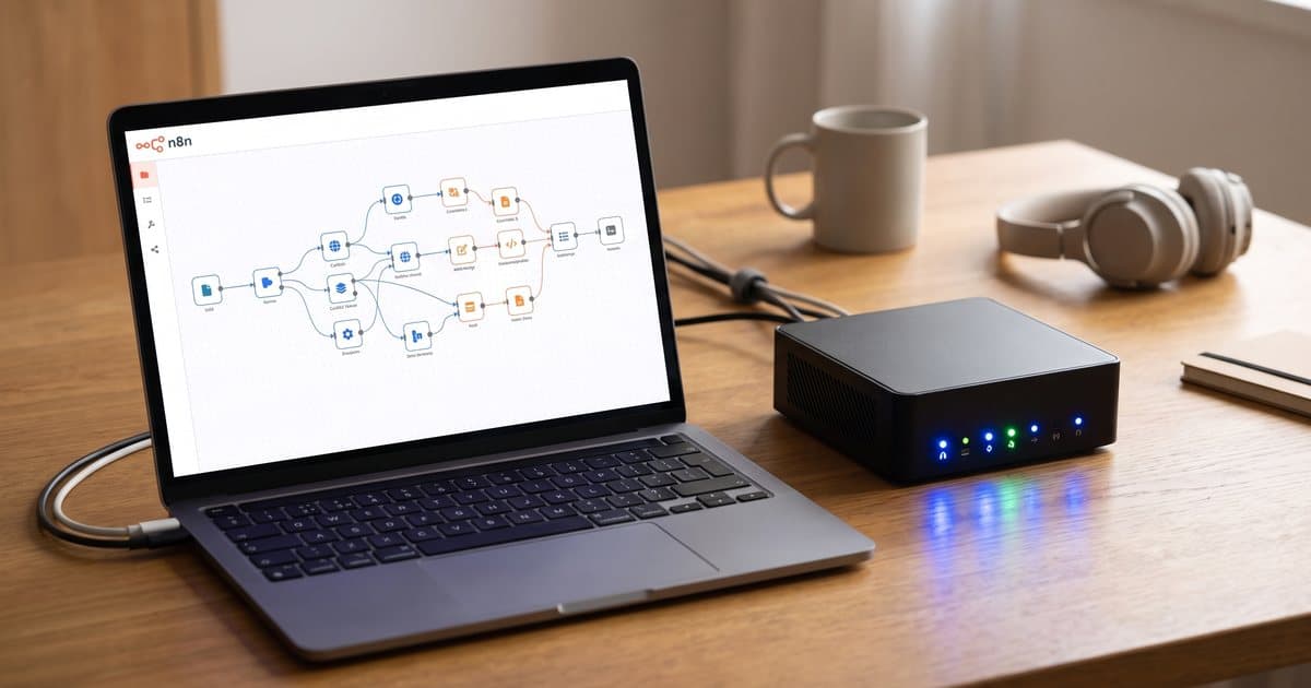 An n8n workflow next to a self-hosted server