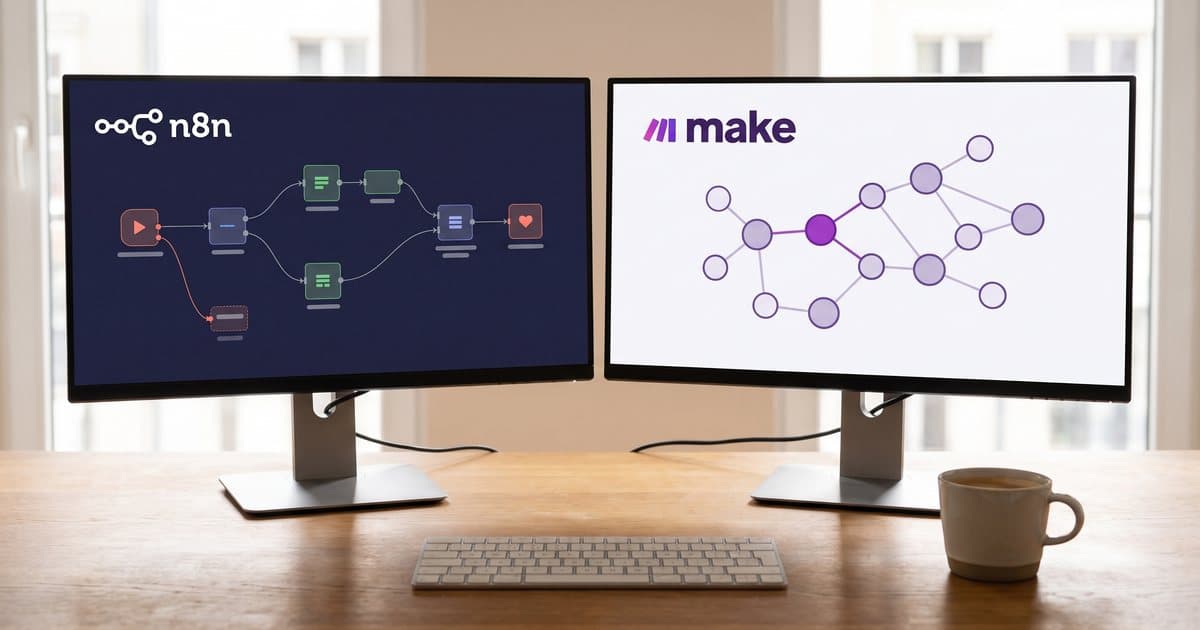 n8n and Make workflows compared on two screens