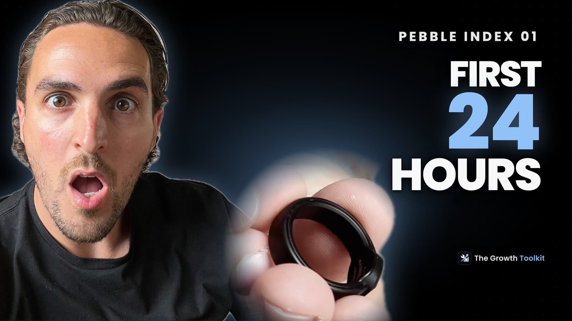 Mike McDonnell holding the matte black Pebble Index 01 smart ring between his fingers, 24 hours after it arrived