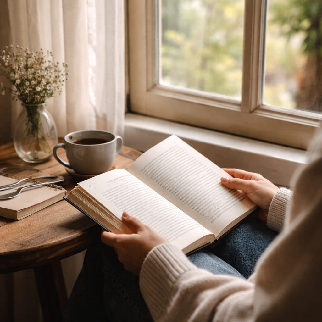 A person reading an open book by a window in soft natural light, with a cup of tea and reading glasses on a wooden table nearby.