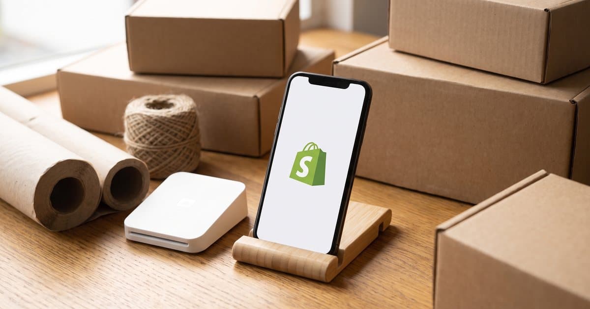 The Shopify app on a phone at a packing table