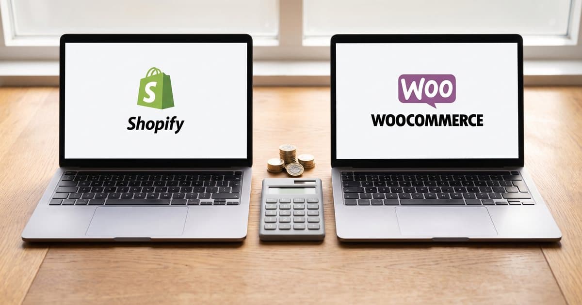 Shopify and WooCommerce compared on two laptops