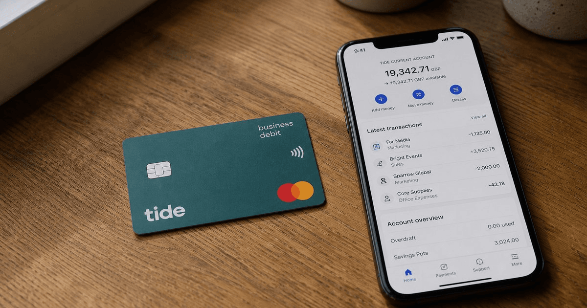 Tide business debit card and app on a desk