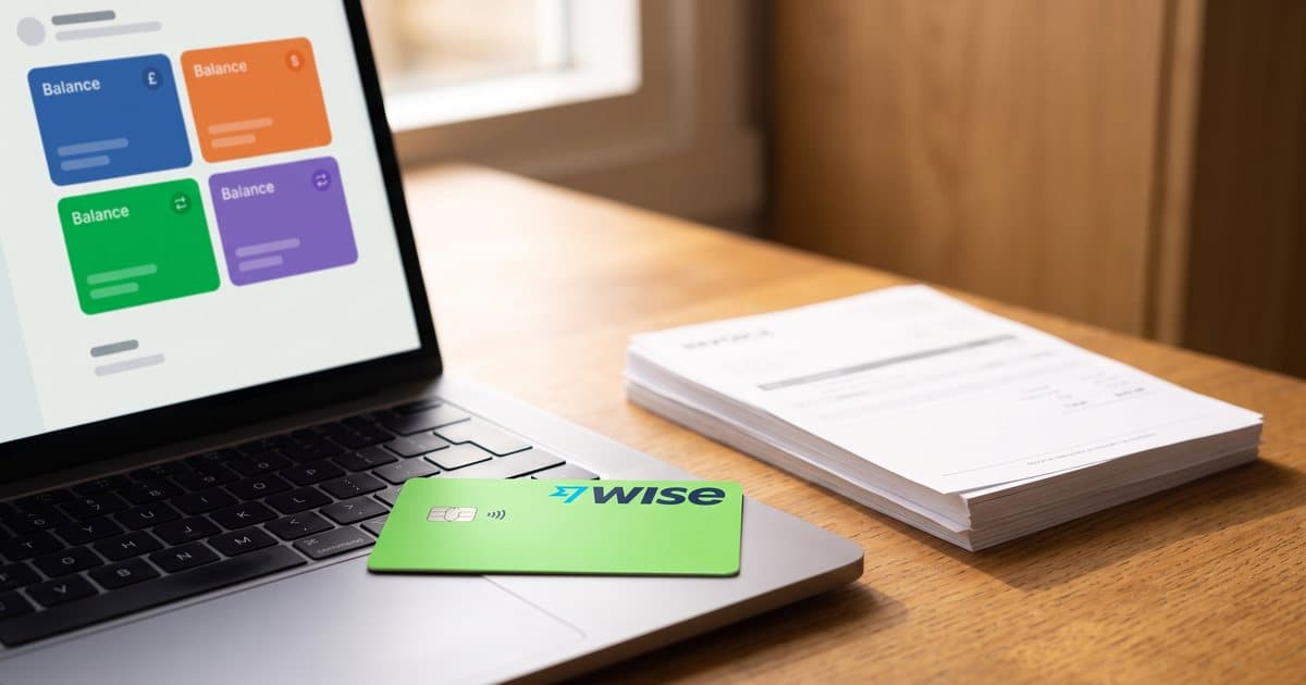 A Wise business card on a laptop with multi-currency balances