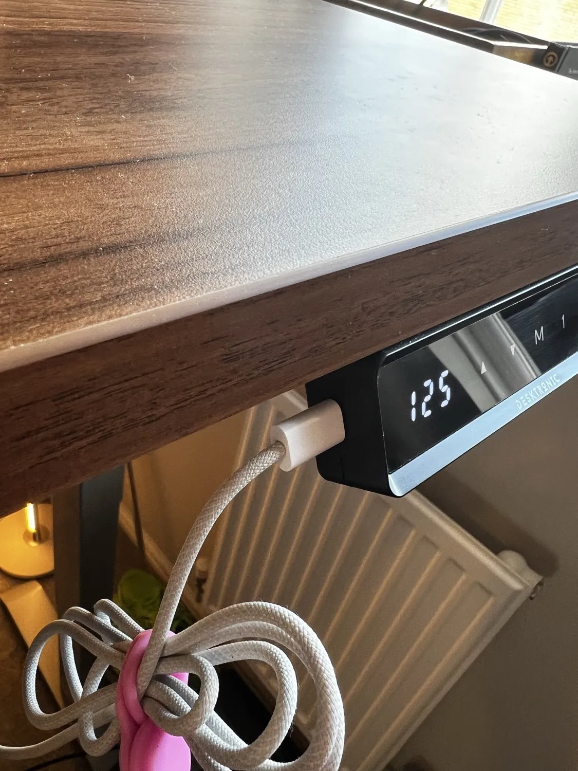 A charging lead plugged into the Desktronic HomePro controller, which sits close to the front edge