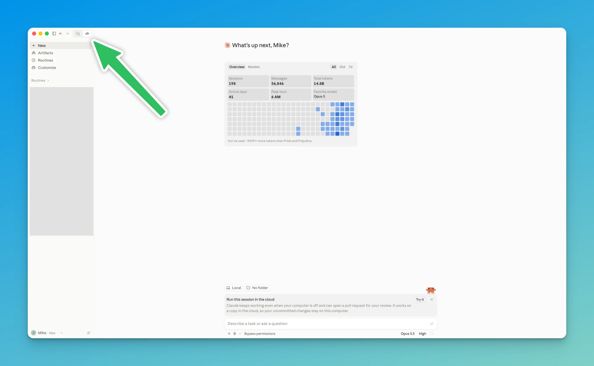 The Claude desktop app with an arrow pointing to the Code tab, the code icon at the top left of the window