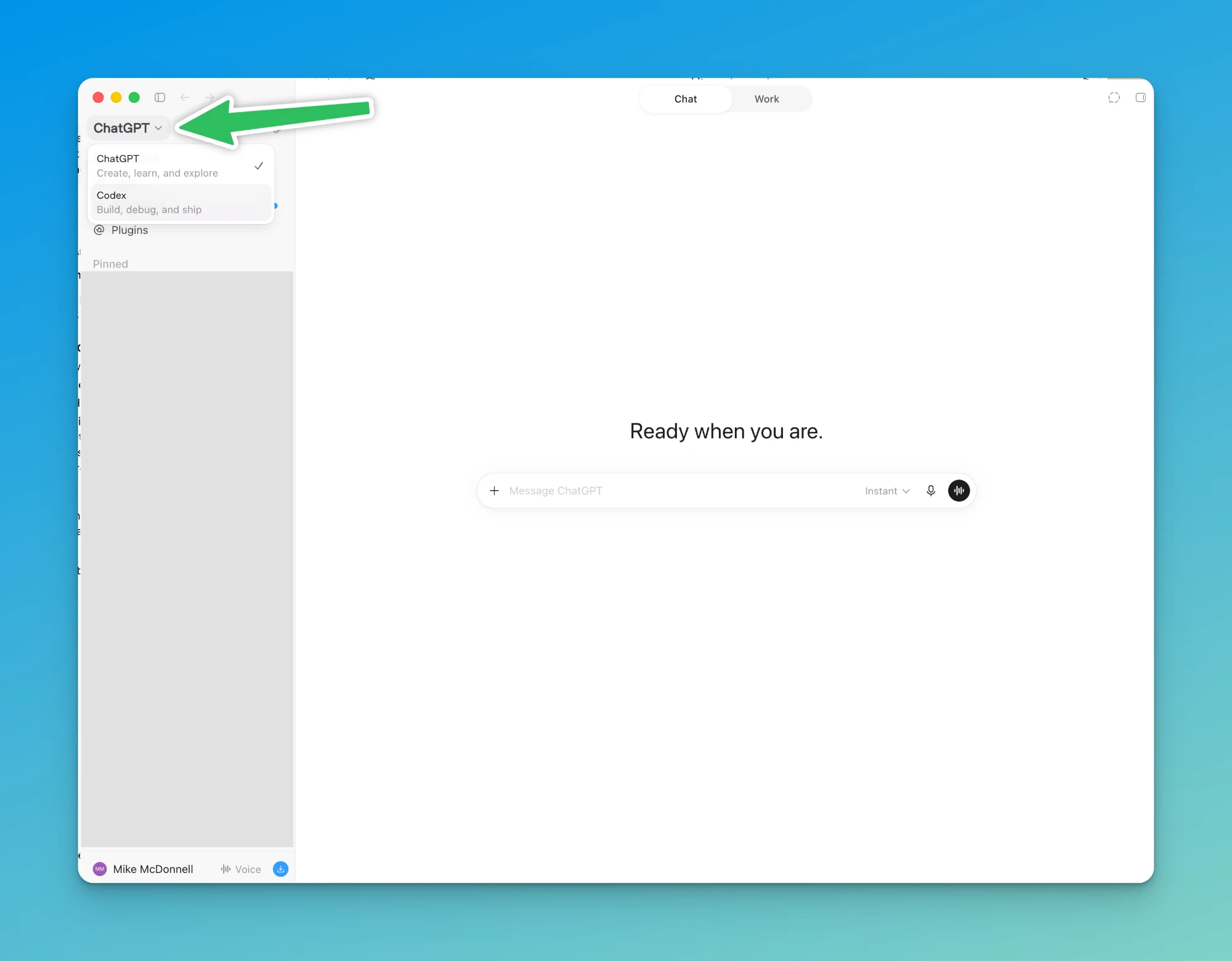 The ChatGPT desktop app with an arrow pointing to the ChatGPT menu at the top left, open to show the switch to Codex